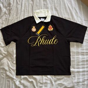Rhude script Polo with White Collar and Gold Script Logo